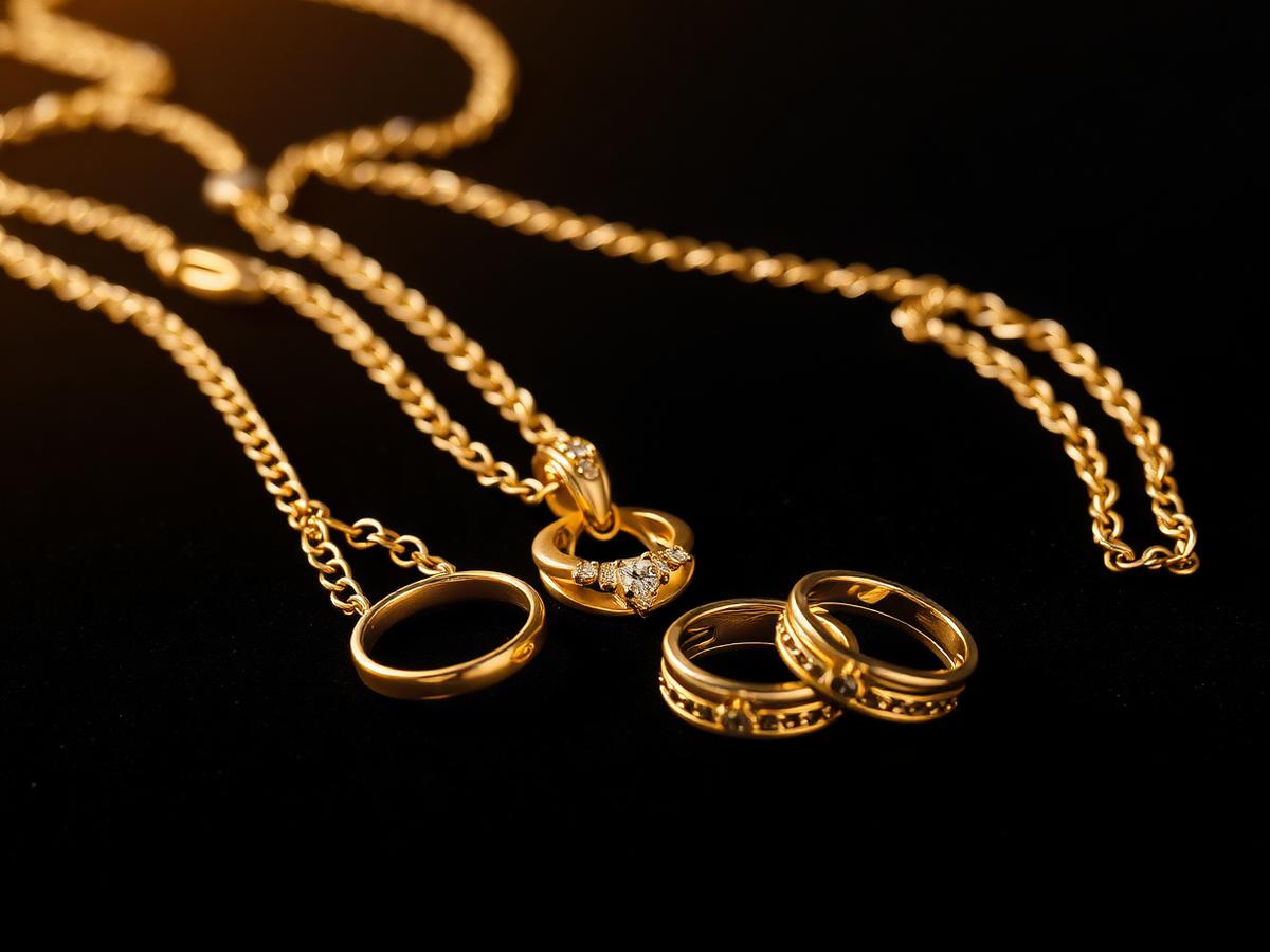 Gold plated chain necklace and rings on dark velvet