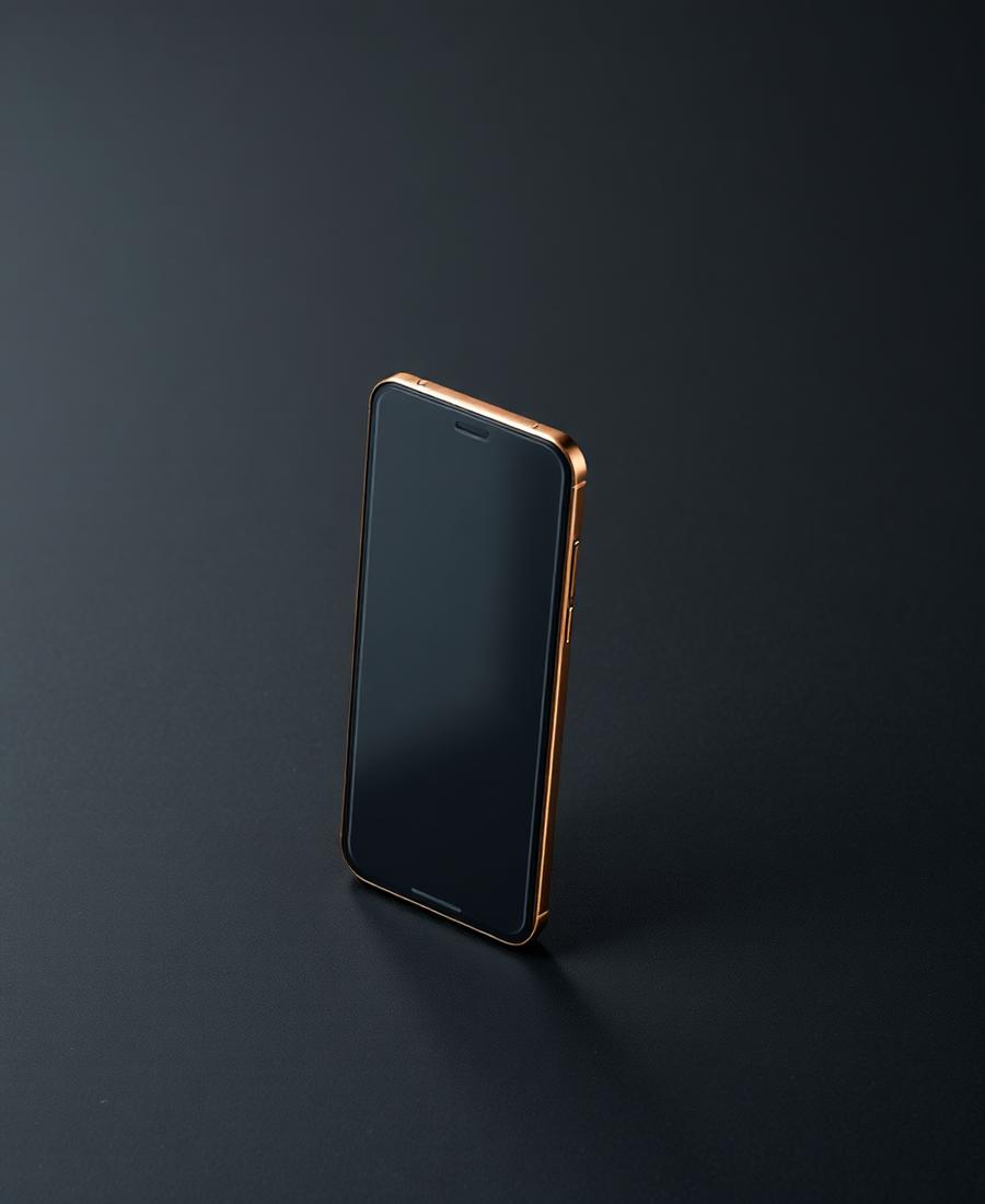 Modern smartphone standing on a dark surface with gold rim light